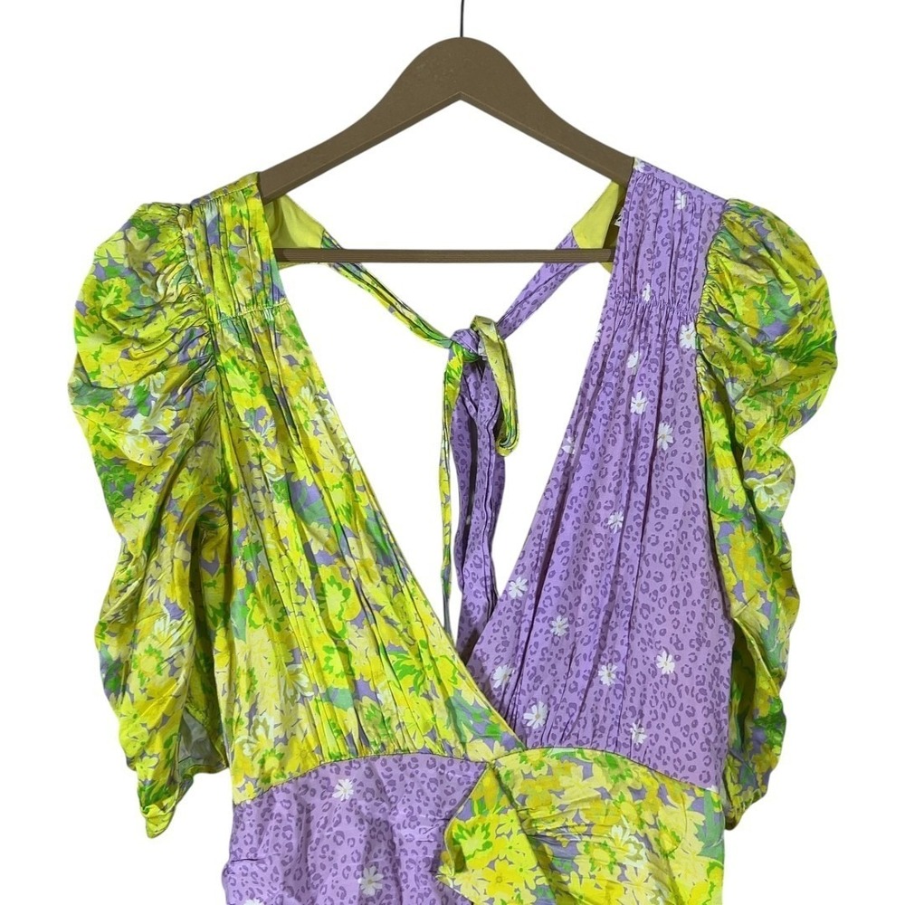 For Love & Lemons Mixed Floral Leopard Mini Dress Purple Lime Green Ruched SizeS - Picture 3 of 7